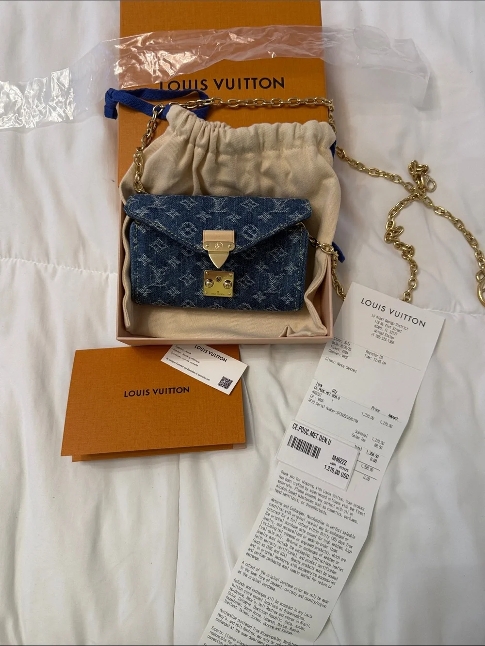 Louis Vuitton Denim Pouch Metis Belt Mini Pochette in Dark Blue with Gold Chain